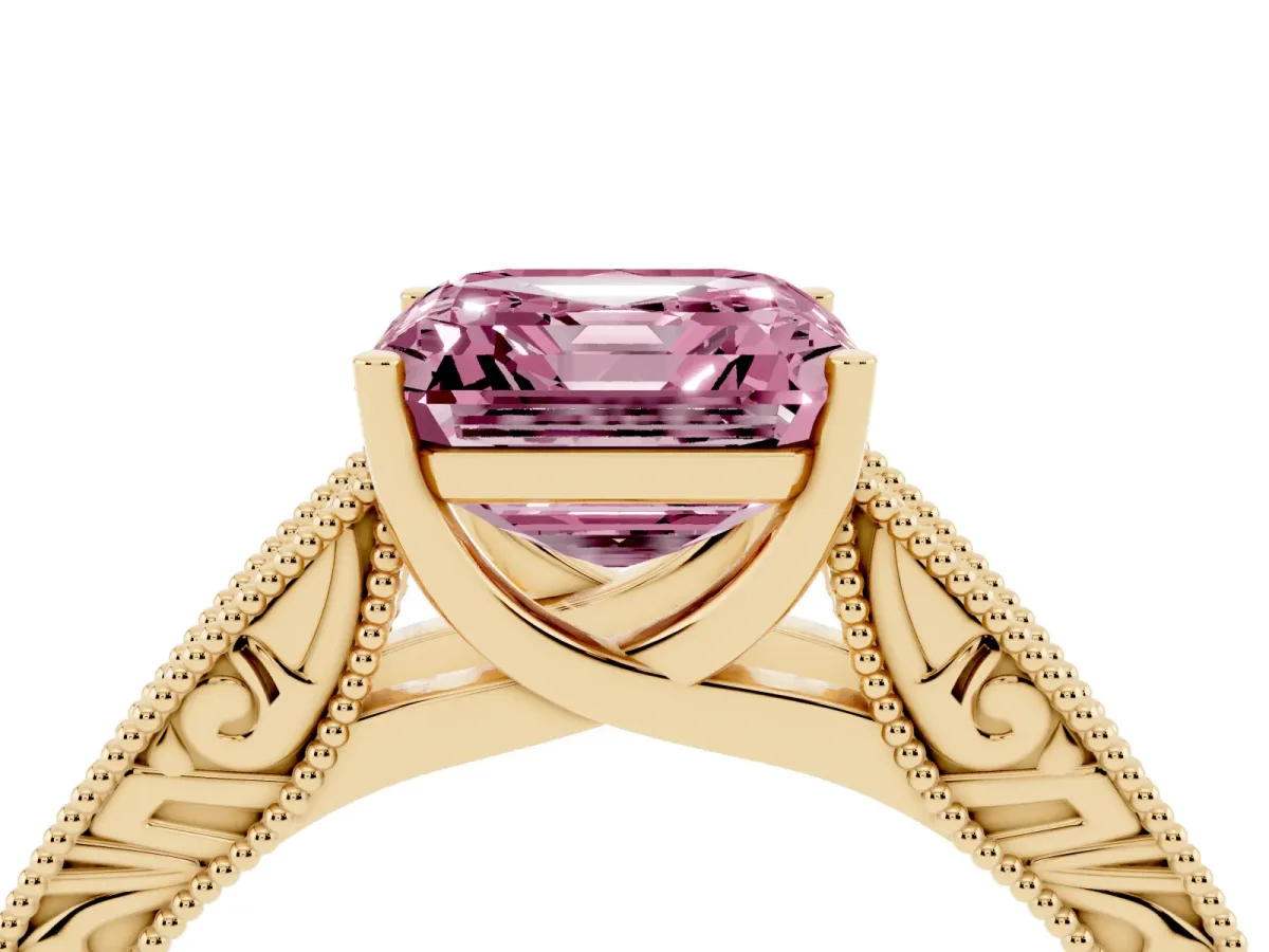 Fancy Pink Asscher Cut Diamond Solitaire Ring with Engraved Band and Four-Prong Setting Yellow gold