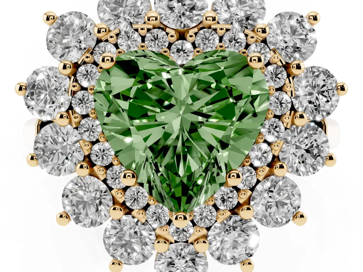 Fancy Green Heart Cut Diamond Floral Double Halo Engagement Ring with Prong Setting Yellow gold