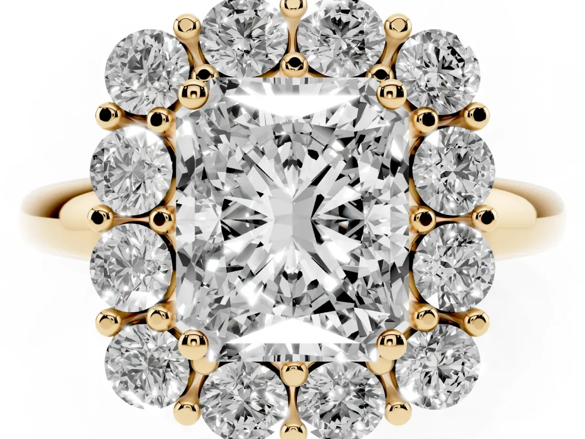 Radiant Cut Halo Cluster Diamond Engagement Ring with Prong Setting and Polished Band Yellow gold