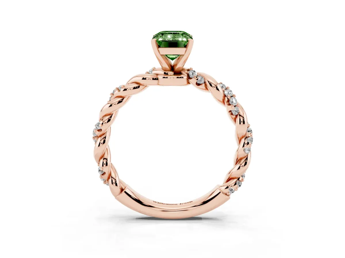 Fancy Green Emerald Cut Diamond Solitaire Ring with Twisted Band and Pavé Accents Rose gold