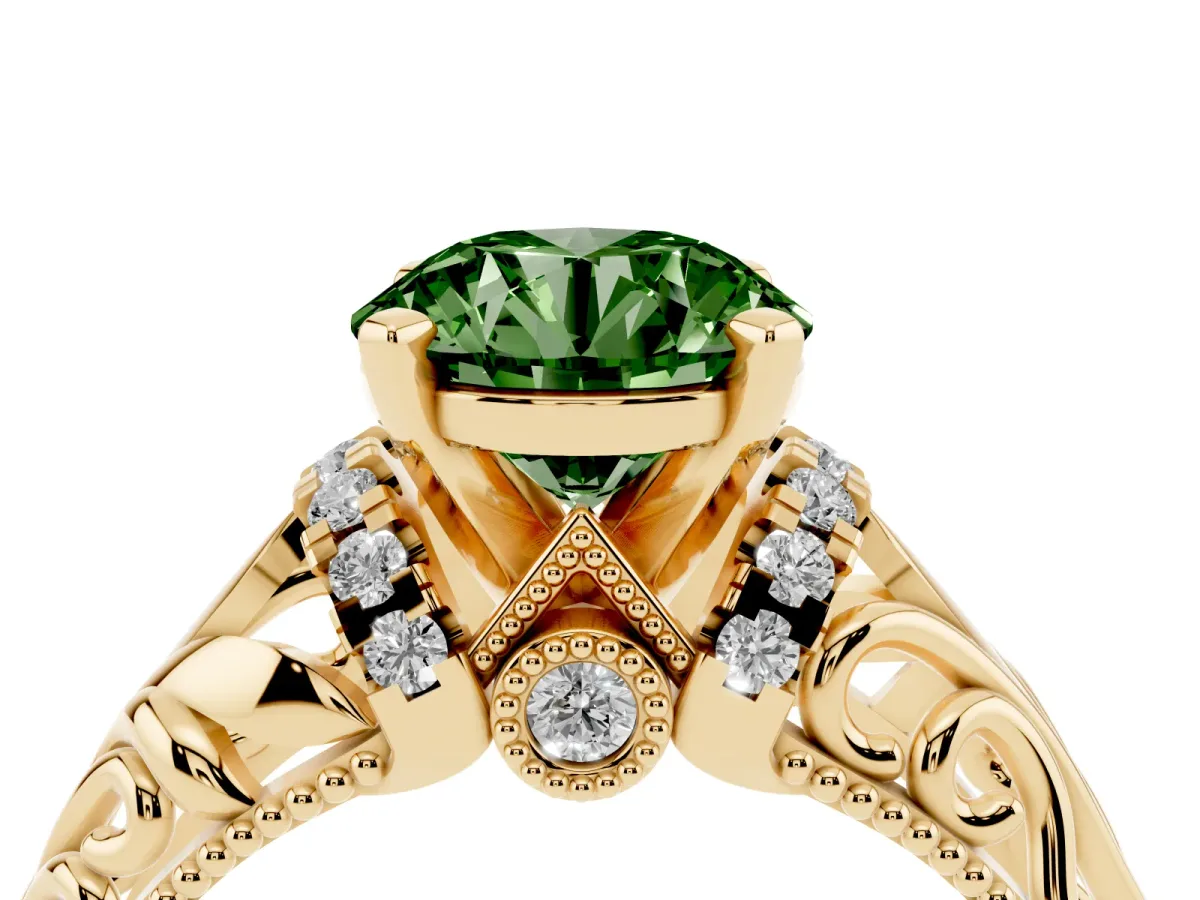 Fancy Green Round Cut Solitaire Filigree Engagement Ring with Halo and Prong Setting Yellow gold