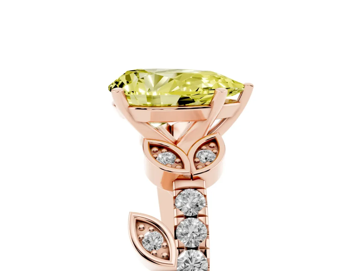Fancy Yellow Pear Cut Solitaire Leaf-Inspired Diamond Ring with Pavé Band and Four-Prong Setting Rose gold