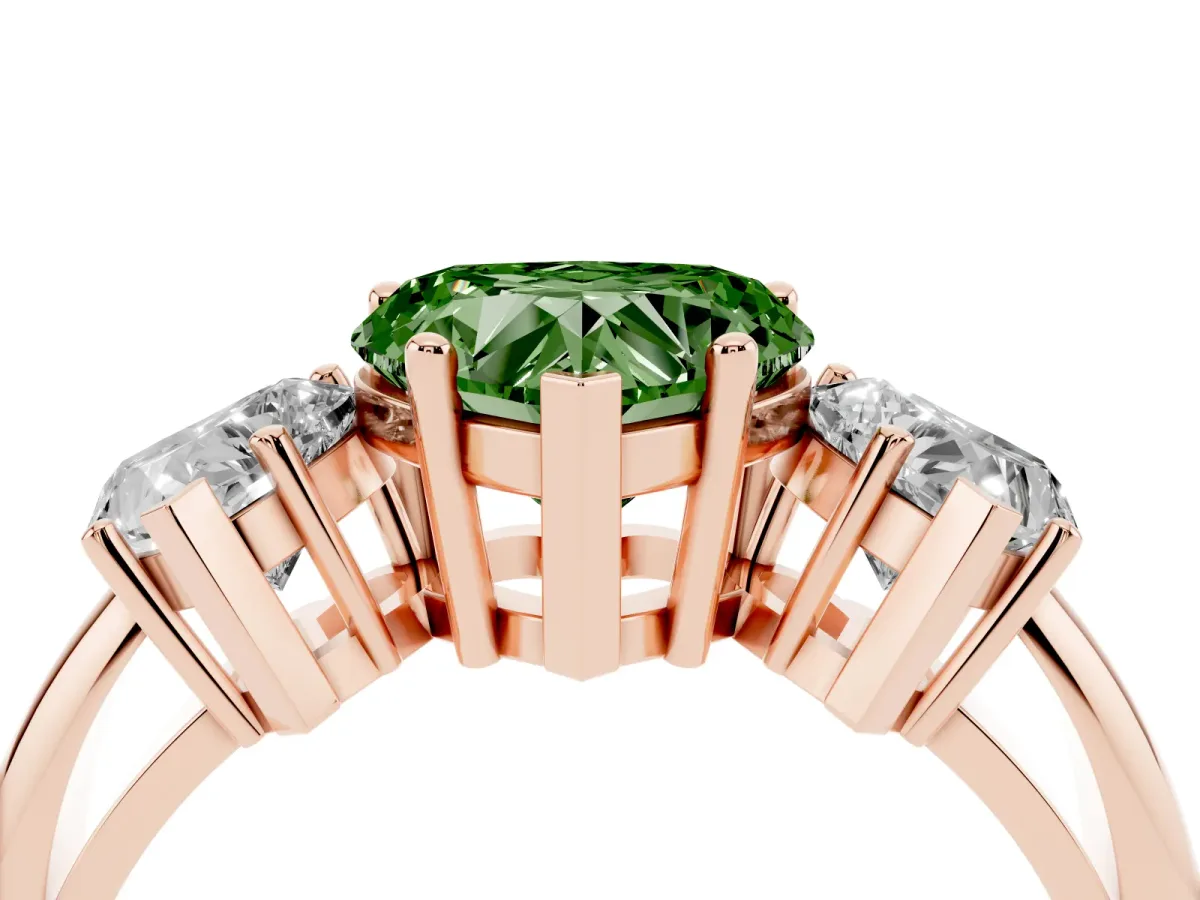 Fancy Green Three-Stone Heart Cut Cut Diamond Engagement Ring with Prong Setting on a White Gold Band Rose gold