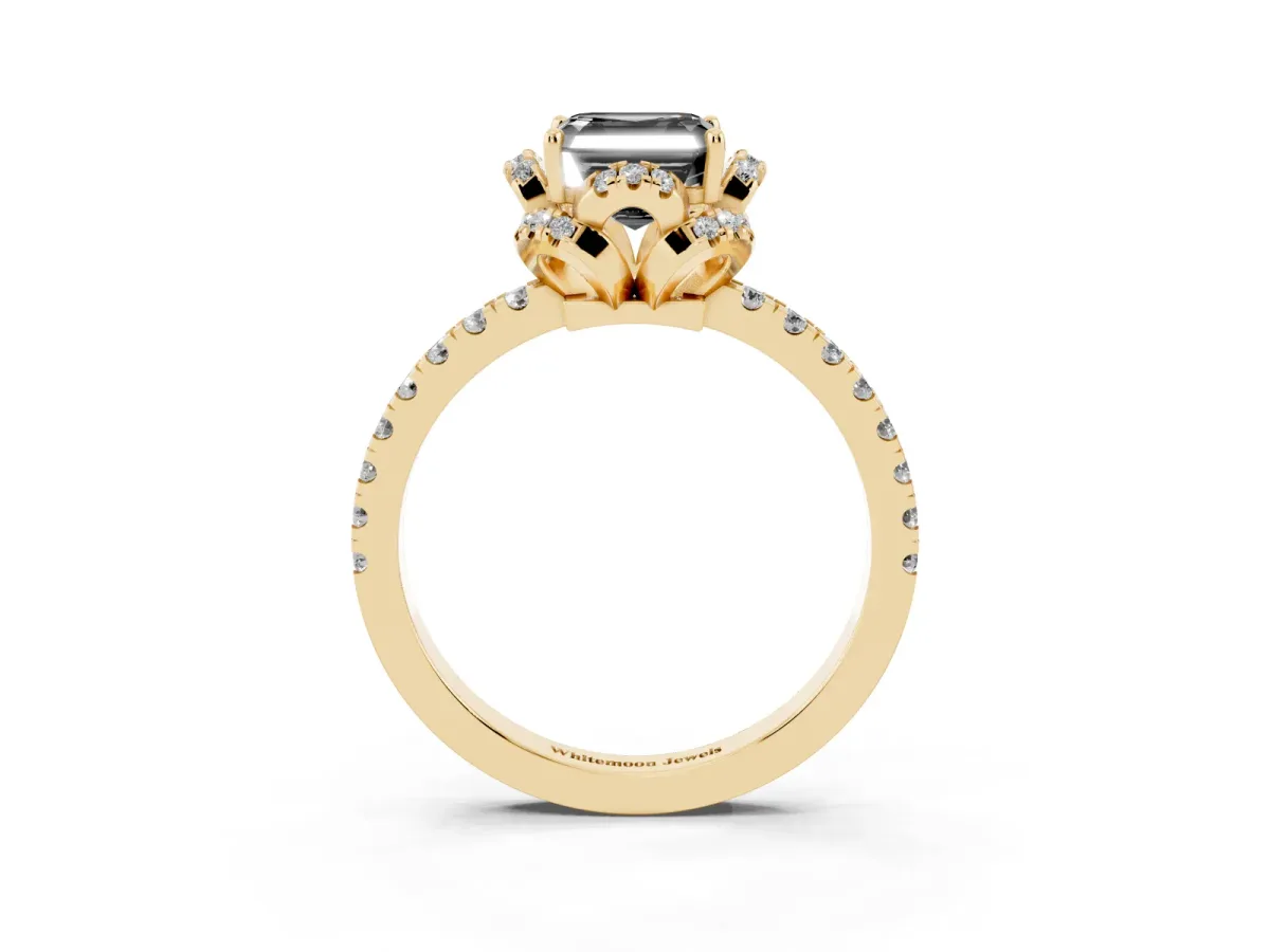 Fancy Black Asscher Cut Diamond Halo Pave Band with Four-Prong Setting Yellow gold