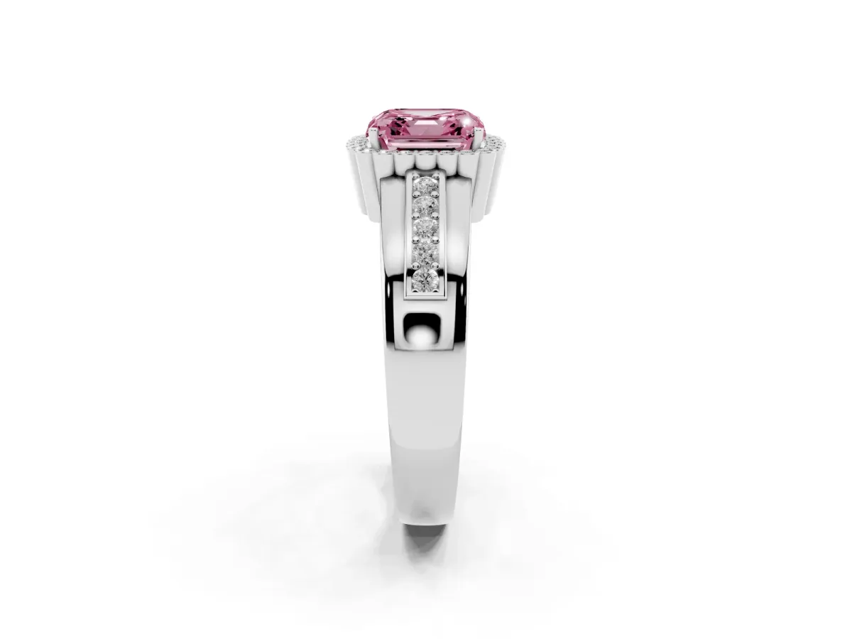 Fancy Pink Asscher Cut Cut Halo Pave Band Four-Prong Ring White gold