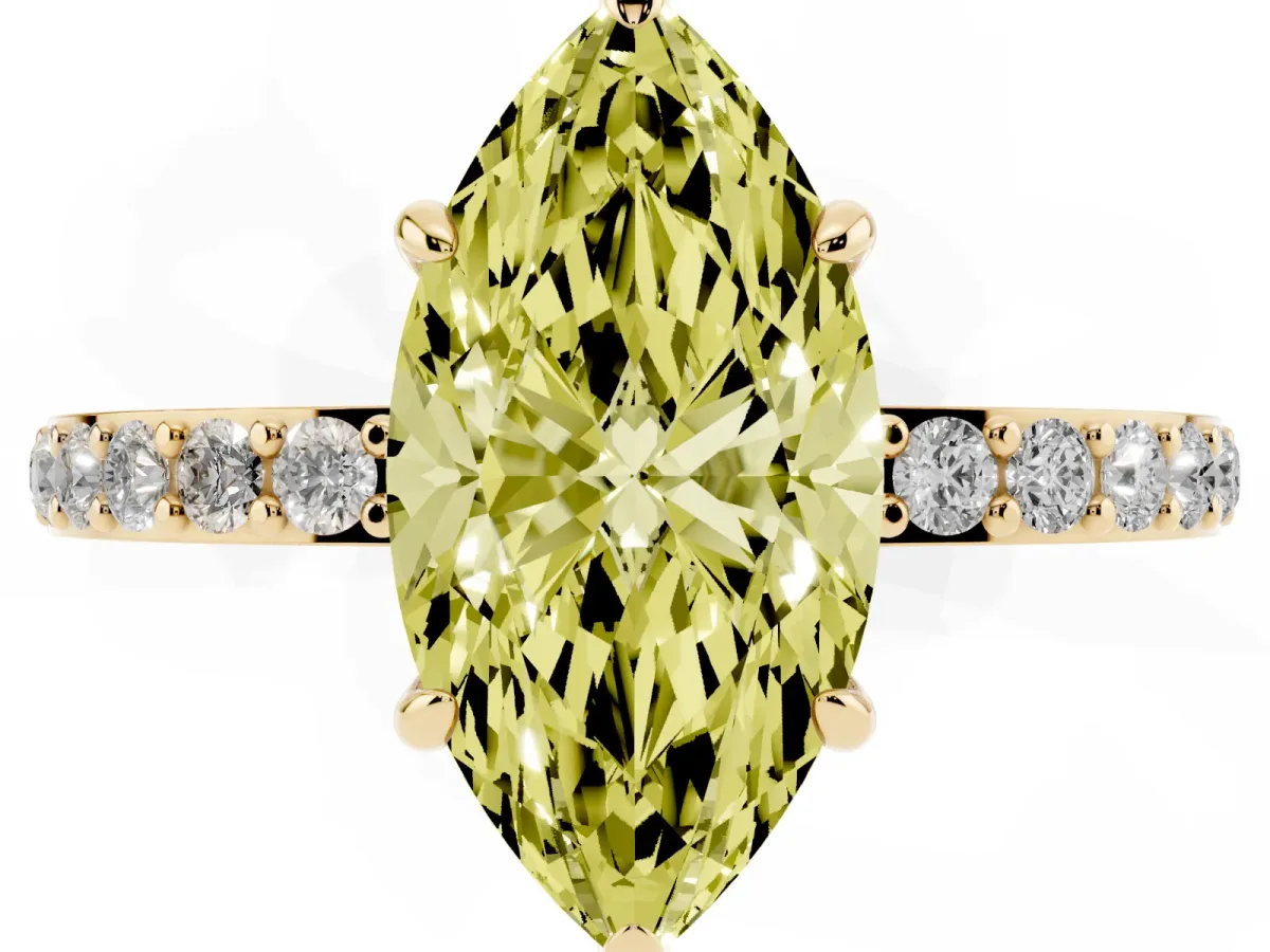 Fancy Yellow Marquise Cut Diamond Pavé Engagement Ring with Round Accents and Prong Setting Yellow gold