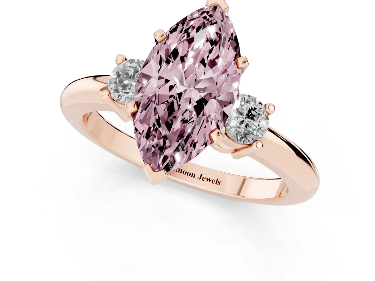Fancy Pink Three-Stone Marquise Cut Cut Diamond Solitaire with Prong Setting and Classic Band Rose gold