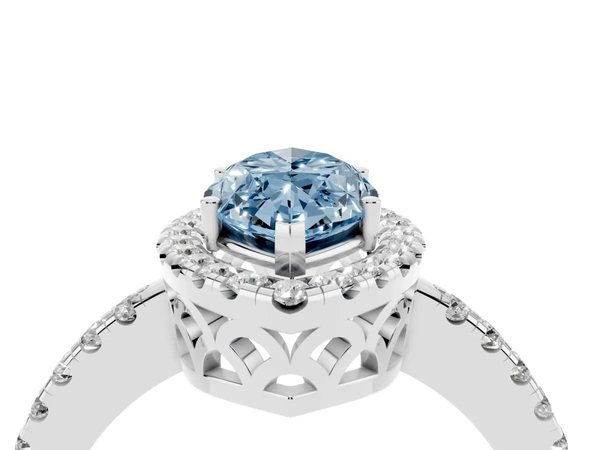 Fancy Blue Marquise Cut Halo Diamond Engagement Ring with Pavé Band and Four-Prong Setting Platinum