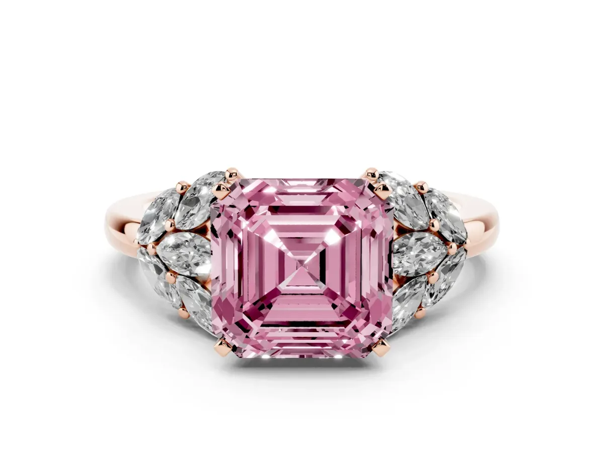 Fancy Pink Asscher Cut Diamond Cluster Leaf Design Ring with Prong Setting Rose gold