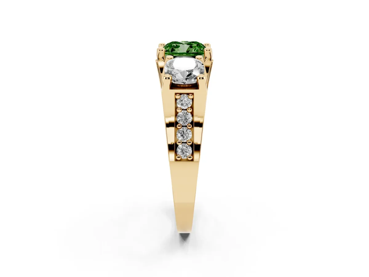 Fancy Green Cushion Cut Diamond Three-Stone Ring with Channel Set Band and Four-Prong Setting Yellow gold