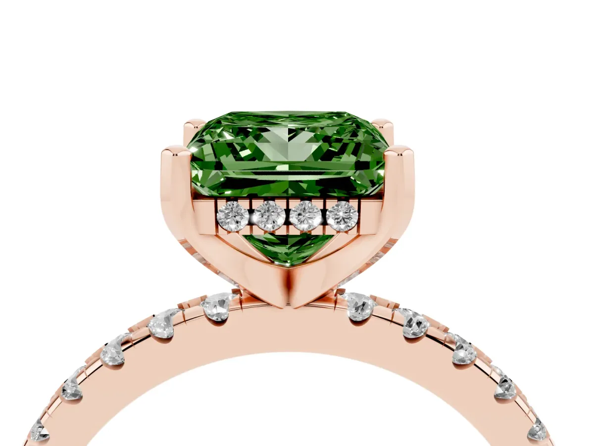 Fancy Green Princess Cut Diamond Solitaire Ring with Round Pavé Band and Four-Prong Setting Rose gold