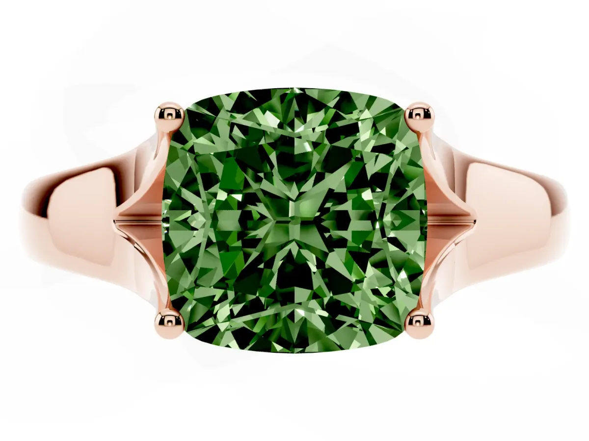 Fancy Green Cushion Cut Solitaire Diamond Ring with Cathedral Band and Four-Prong Setting Rose gold