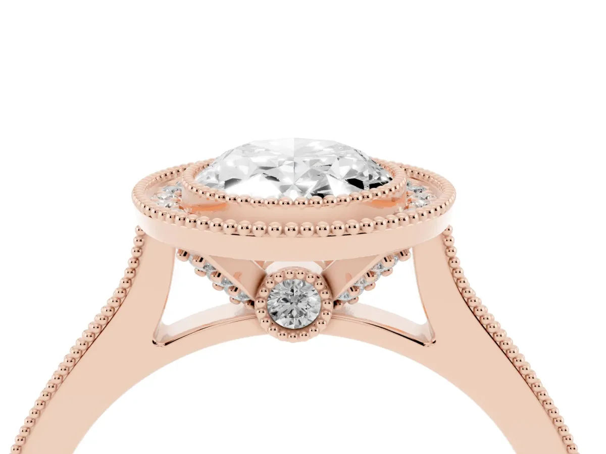 Halo Oval Cut-Cut Diamond Pave Band Milgrain Prong Setting Ring Rose gold