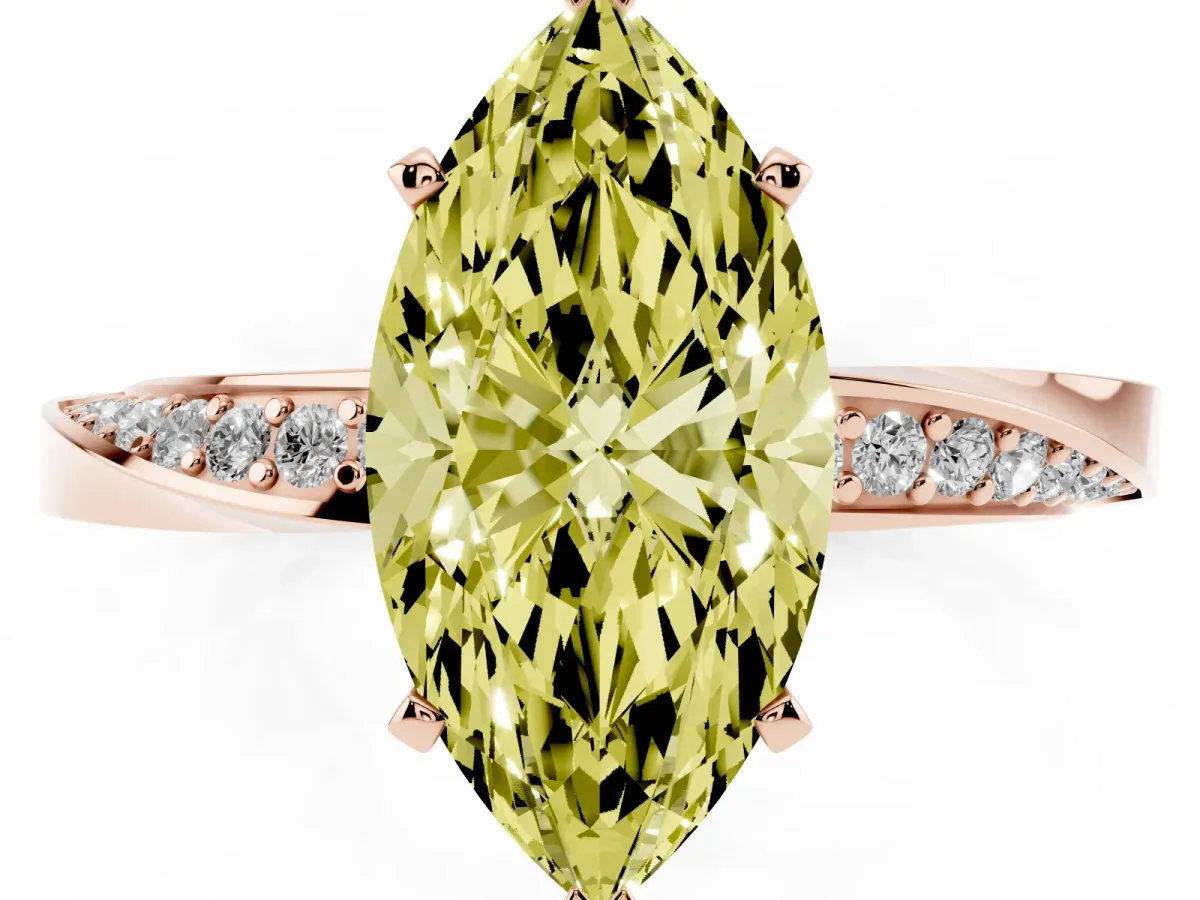 Fancy Yellow Marquise Cut Diamond Engagement Ring with Side Stone Accents and Four-Prong Setting Rose gold