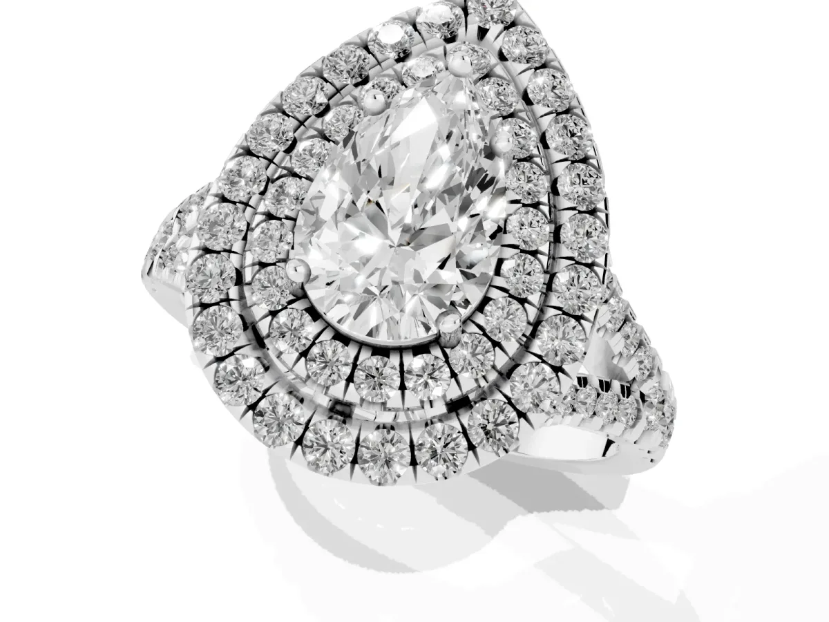 Double Halo Pear Cut Diamond Pavé Split Shank Ring with Prong Setting Silver