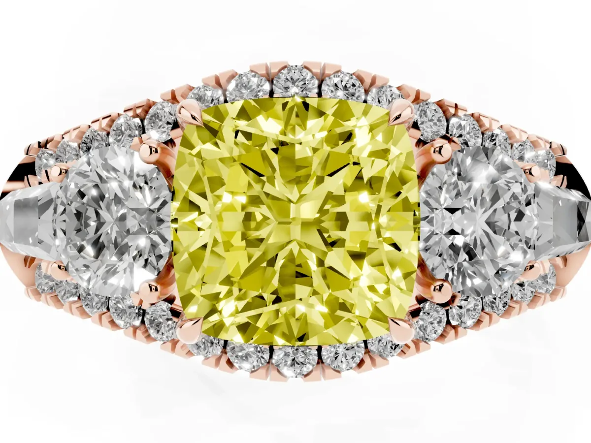 Fancy Yellow Three-Stone Cushion Cut Diamond Engagement Ring with Pave Band and Prong Setting Rose gold