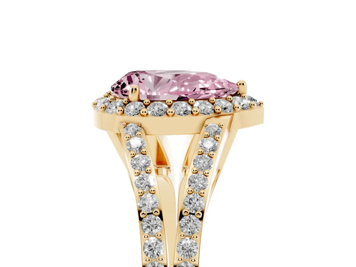 Fancy Pink Pear Cut Halo Split Shank Pave Diamond Ring with Four-Prong Setting Yellow gold