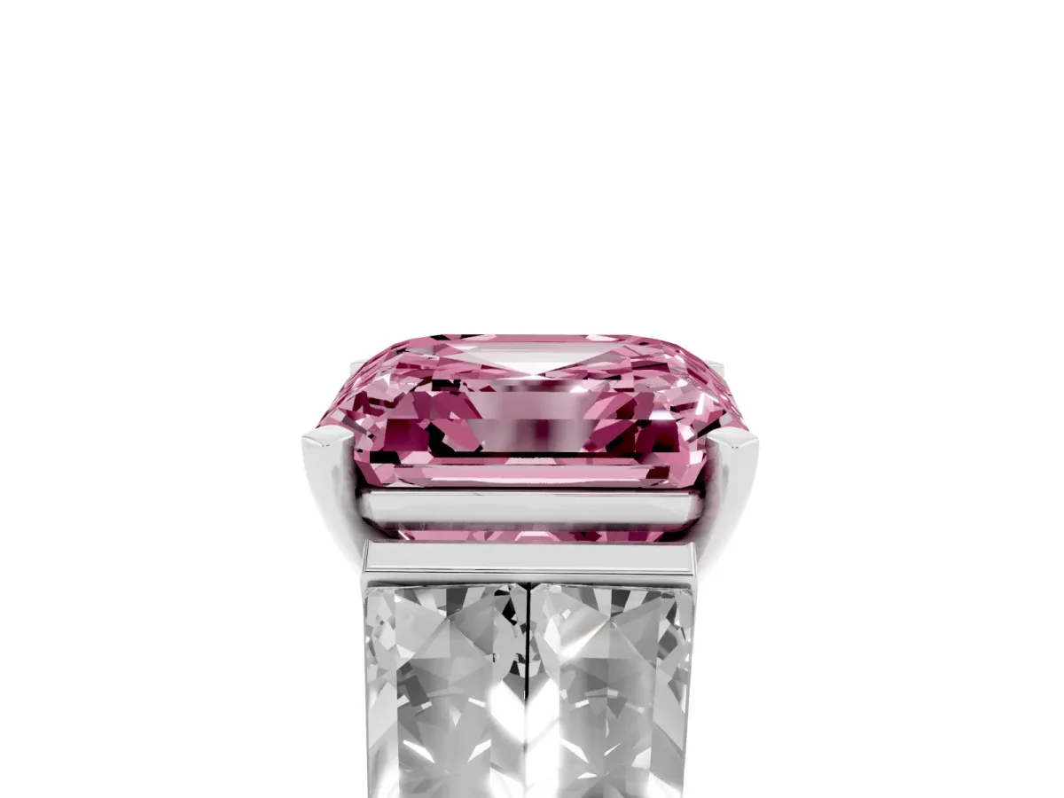 Fancy Pink Asscher Cut Diamond Engagement Ring with Baguette Side Stones and Channel Set Band White gold
