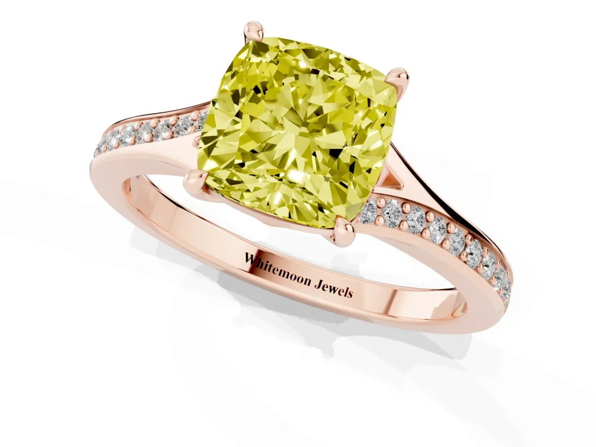 Fancy Yellow Cushion Cut Diamond Solitaire Ring with Pavé Band and Prong Setting Rose gold