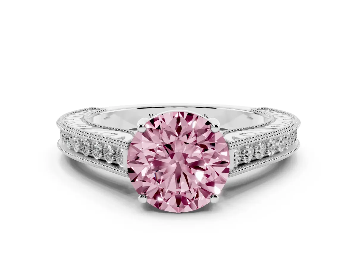Fancy Pink Round Cut Cut Pave Band Milgrain Solitaire Ring Silver