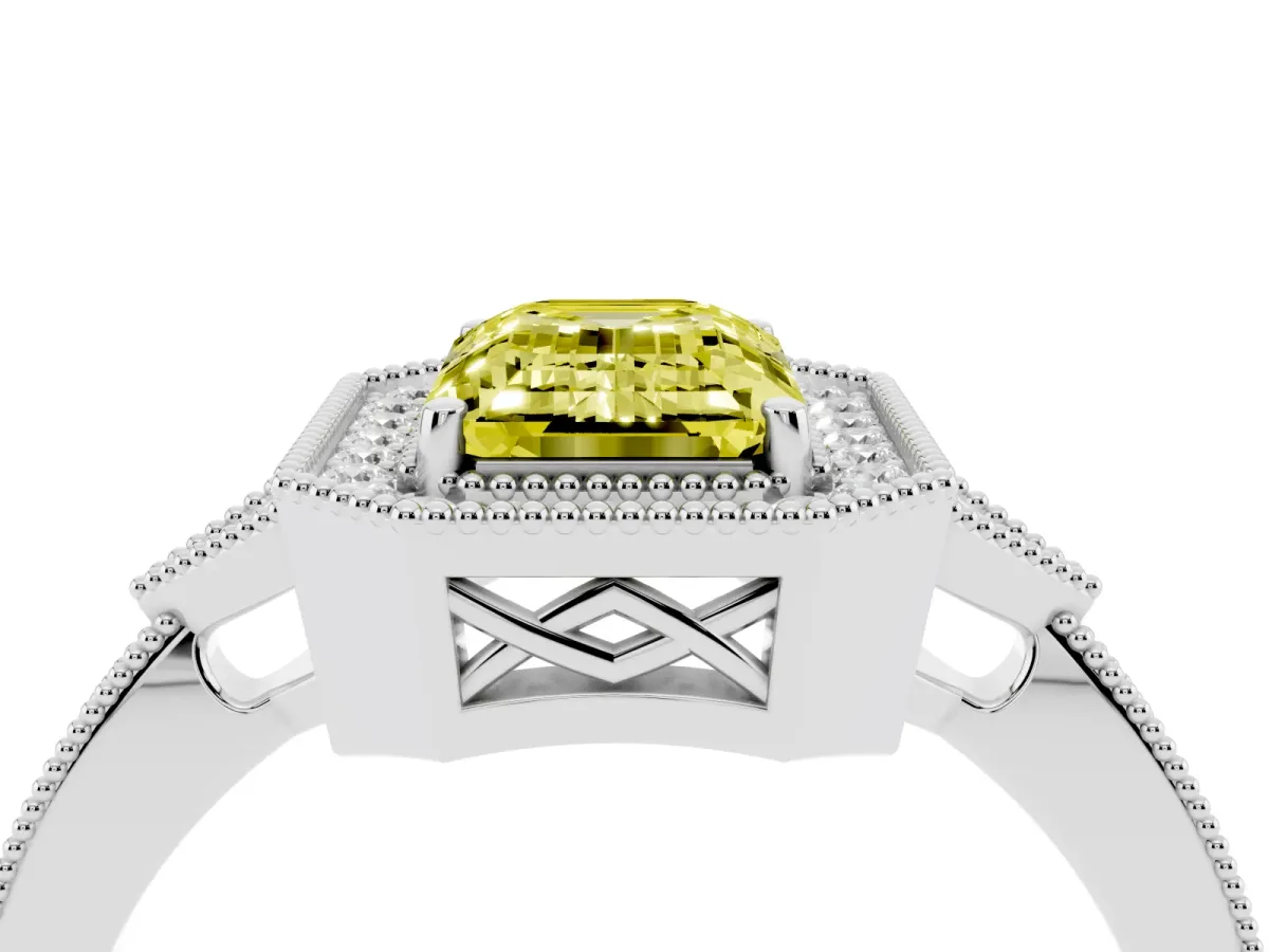 Fancy Yellow Emerald Cut Halo Round Diamond Milgrain Pave Engagement Ring Silver