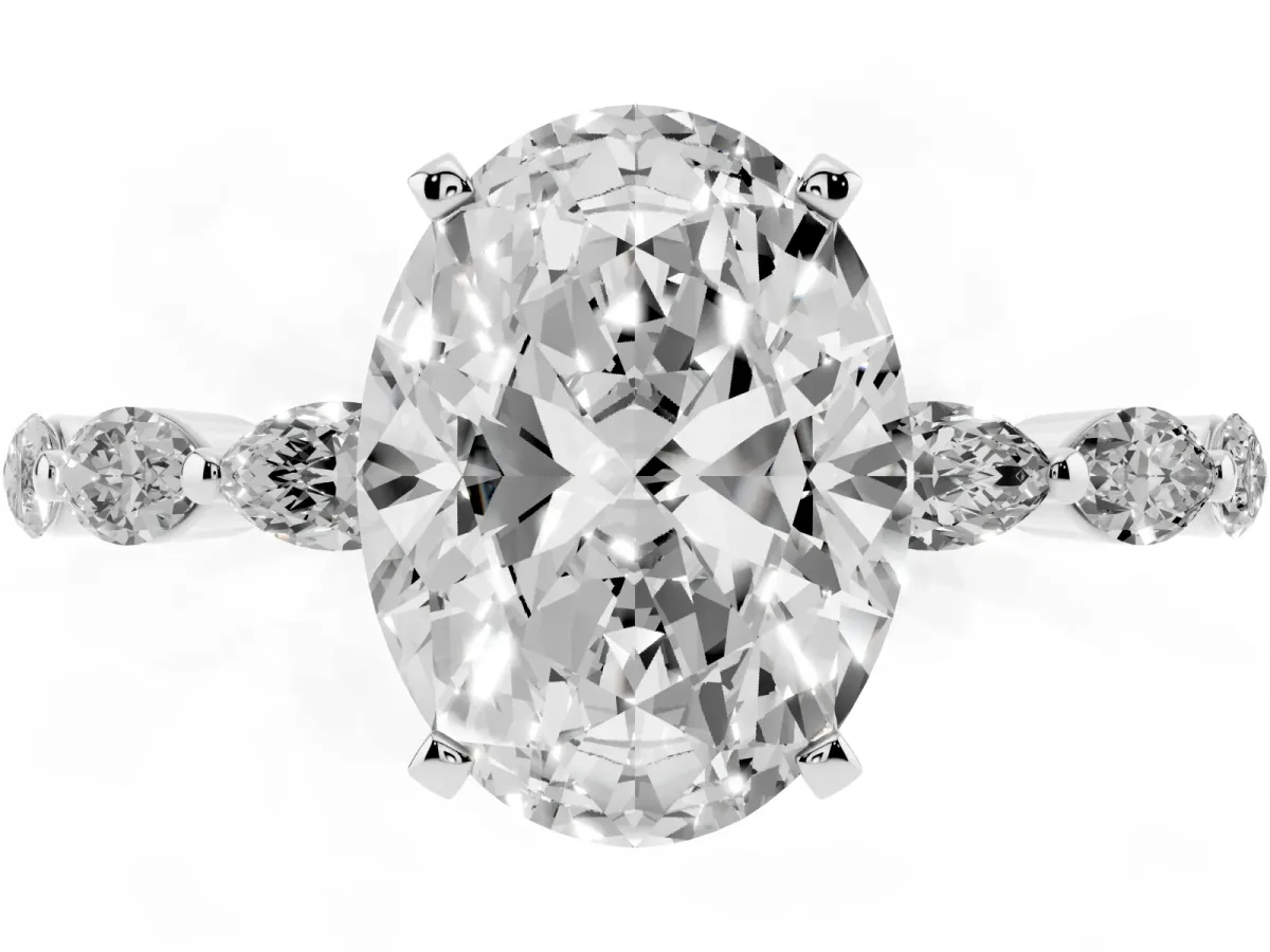 Oval Cut Diamond Ring with Marquise Side Stones and Prong Setting Silver
