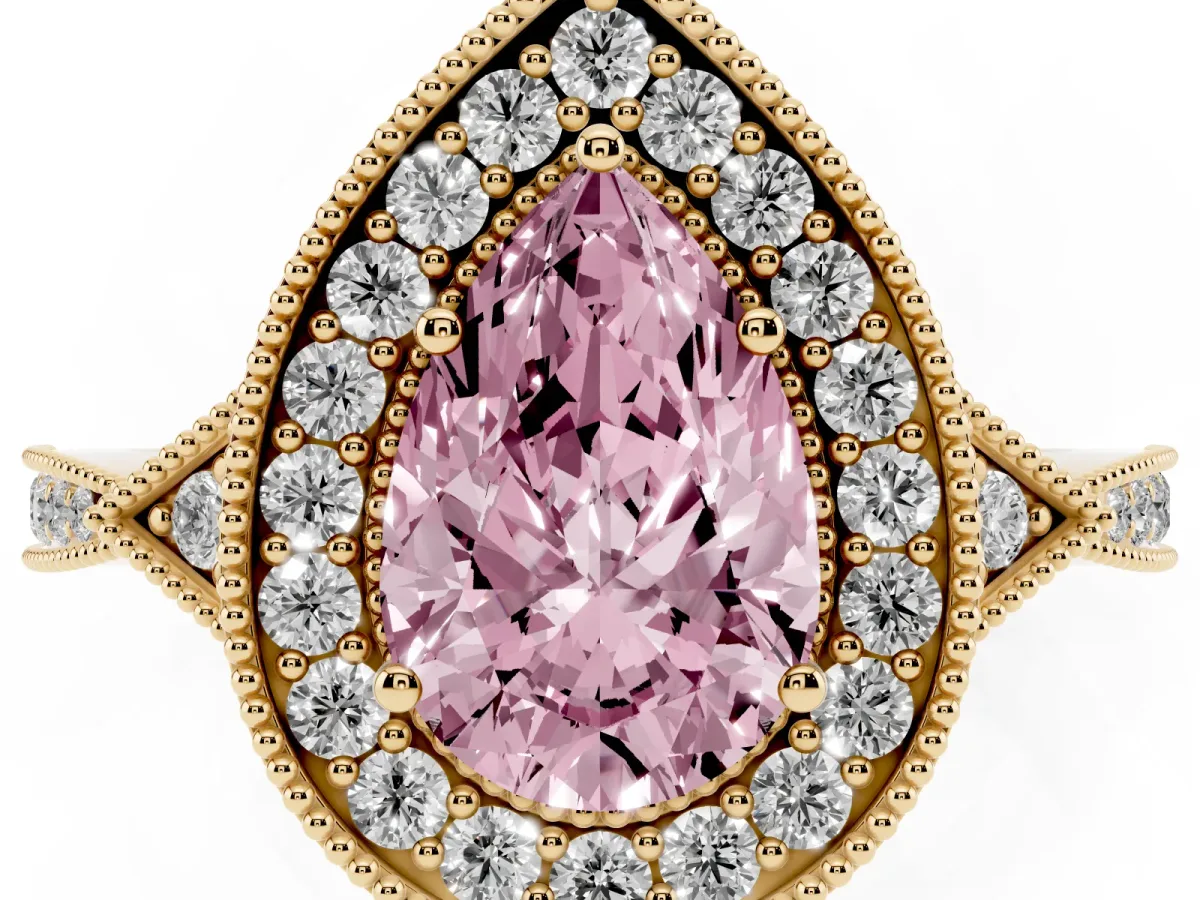Fancy Pink Pear Cut Halo Round Diamond Milgrain Pave Engagement Ring Yellow gold