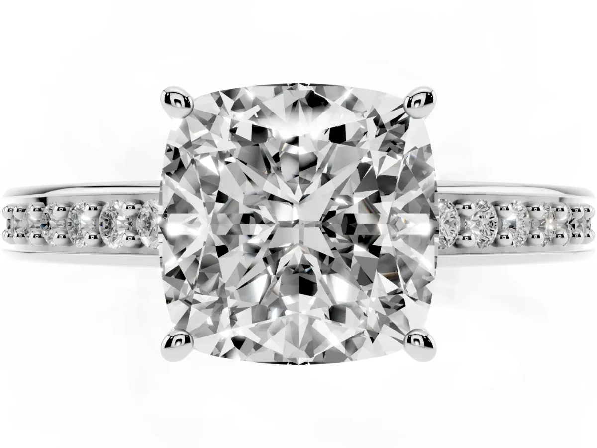 Cushion Cut Solitaire Pavé Band Prong Setting Ring Silver