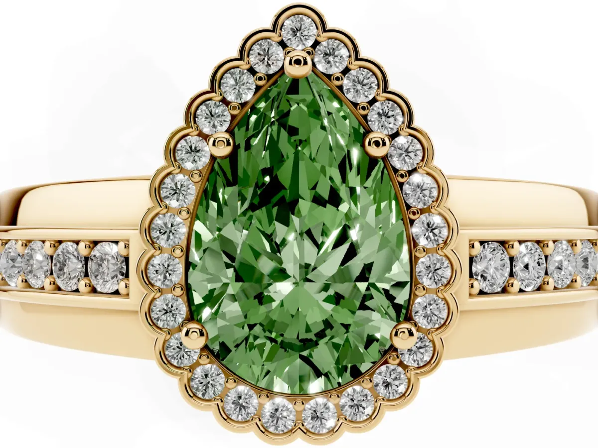 Fancy Green Pear Cut Cut Halo Pave Band Four-Prong Ring Yellow gold