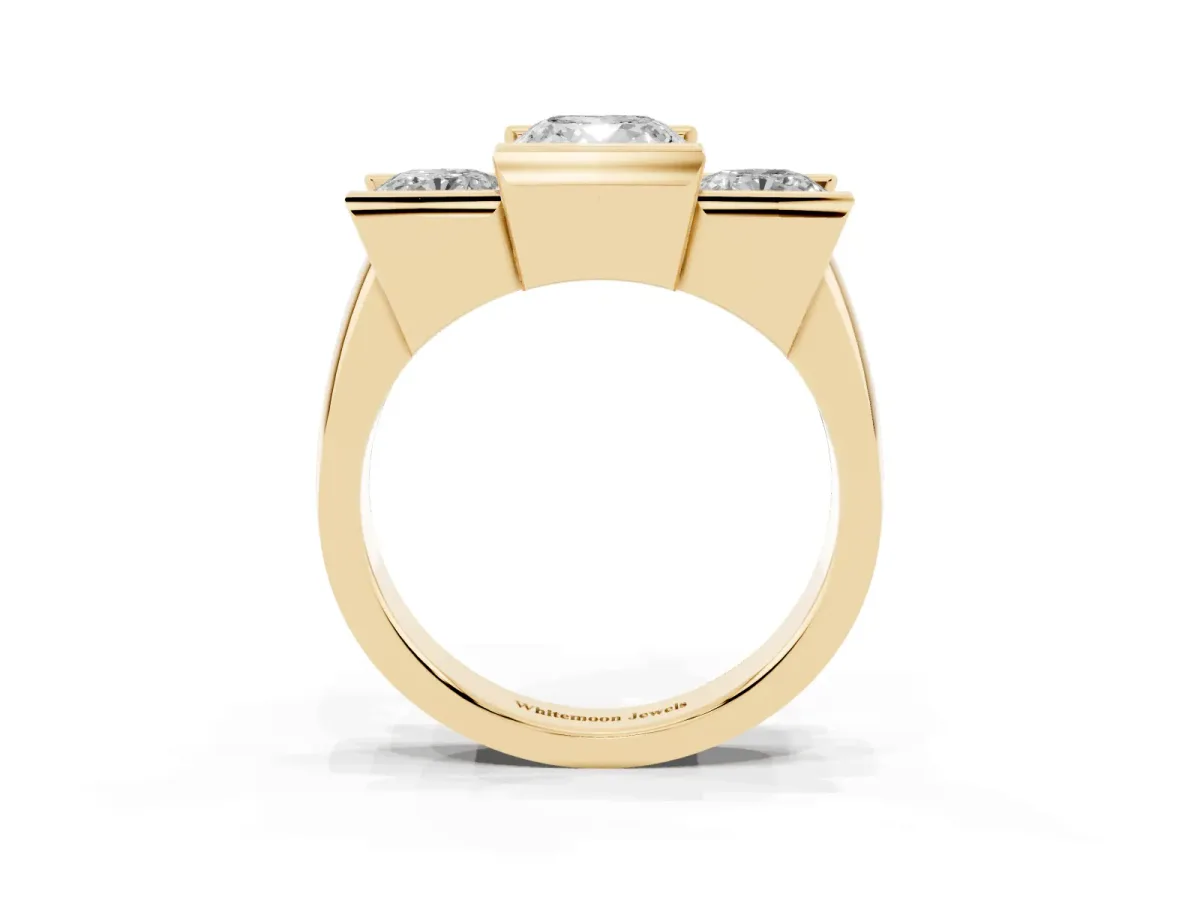 Three Stone Cushion Cut Cut Channel Set Diamond Ring Yellow gold