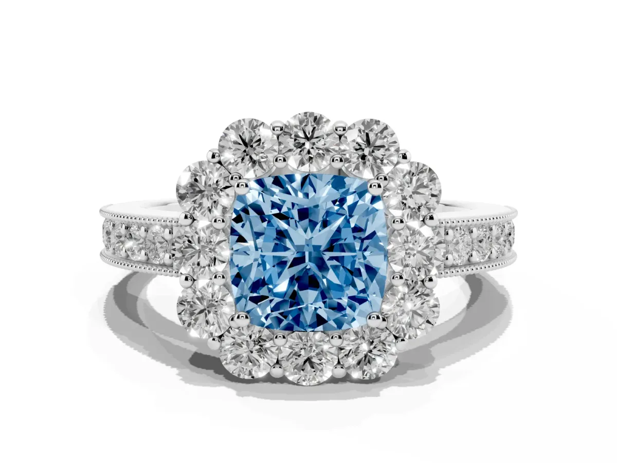 Fancy Blue Cushion Cut Cut Halo Diamond Pavé Engagement Ring with Milgrain Detailing Platinum