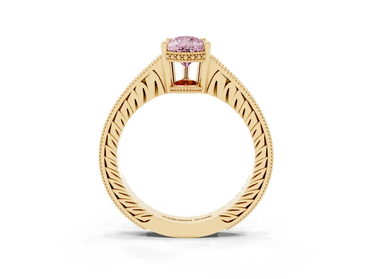 Fancy Pink Pear Cut Solitaire Pavé Diamond Milgrain Engagement Ring with Four-Prong Setting Yellow gold