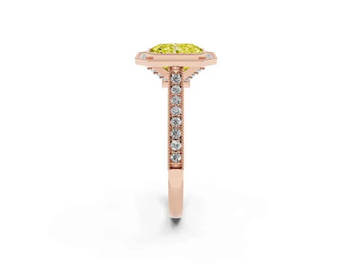 Fancy Yellow Halo Radiant Cut-Cut Diamond Pave Band Milgrain Prong Setting Ring Rose gold