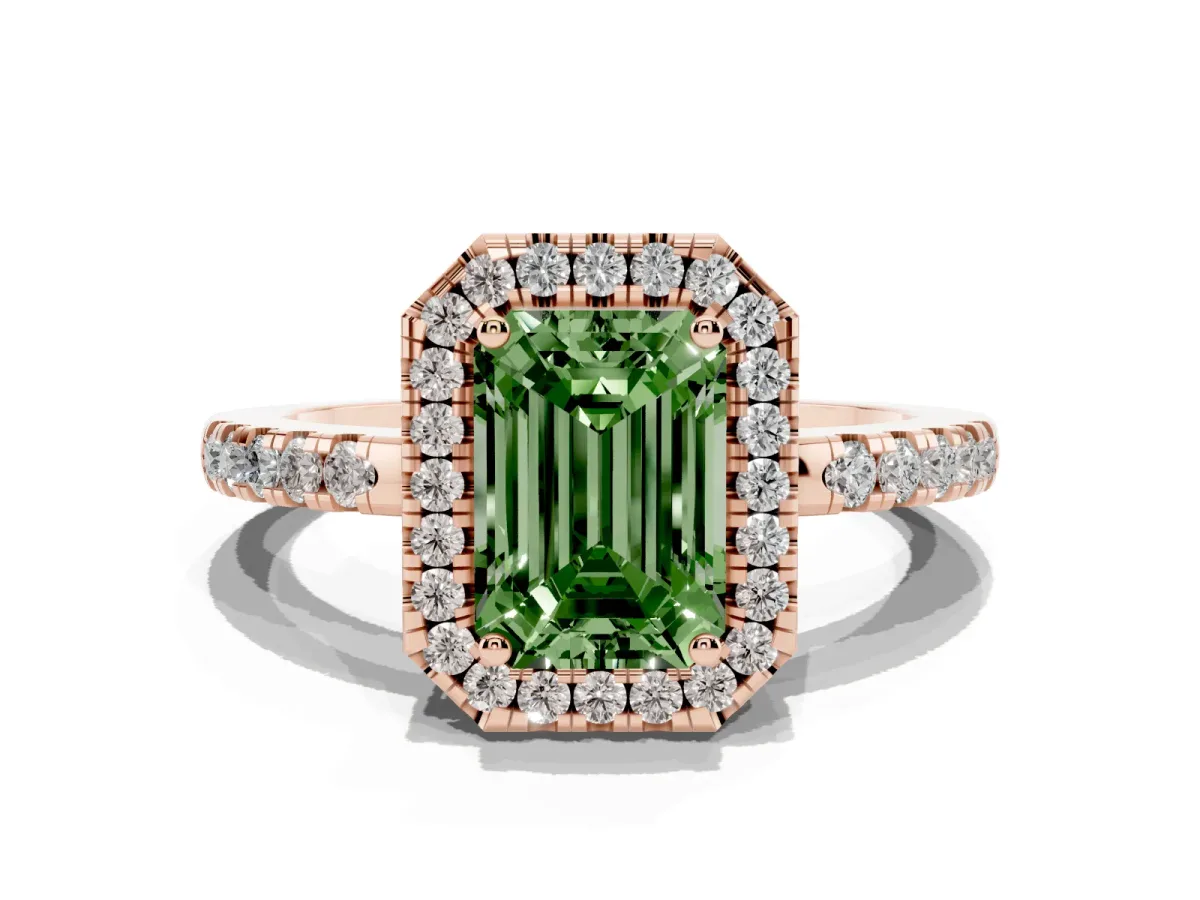 Fancy Green Emerald Cut Halo Diamond Engagement Ring with Pavé Band and Four-Prong Setting Rose gold