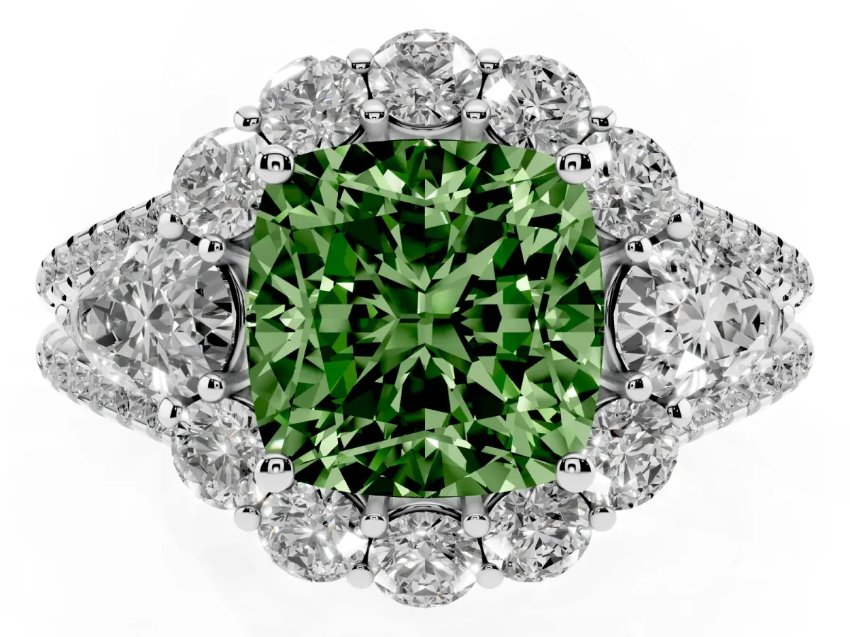 Fancy Green Cushion Cut Halo Split Shank Diamond Engagement Ring with Prong Setting Silver