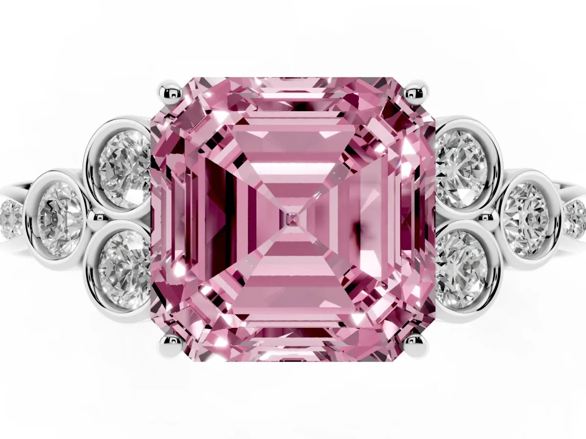 Fancy Pink Asscher Cut Cut Diamond Engagement Ring with Bezel Set Round Side Stones and Prong Setting White gold