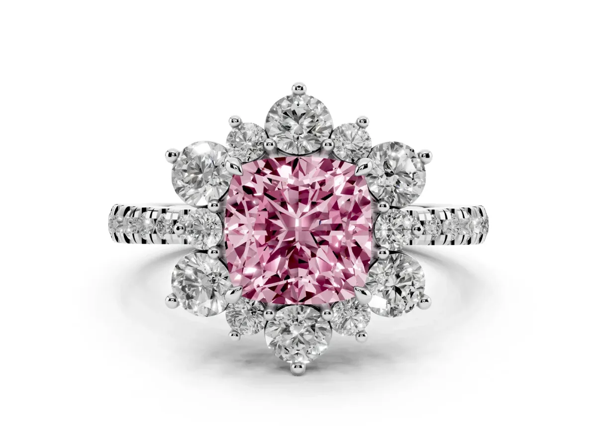 Fancy Pink Cushion Cut Diamond Floral Halo Ring with Round Pavé Band and Prong Setting Silver