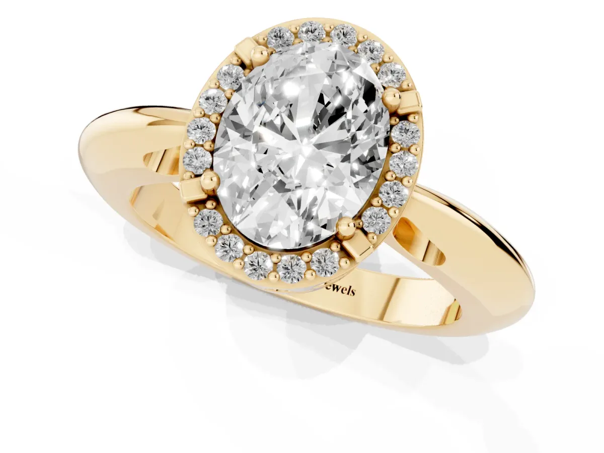 Oval Cut Cut Diamond Halo Engagement Ring with Split Shank and Four-Prong Setting Yellow gold