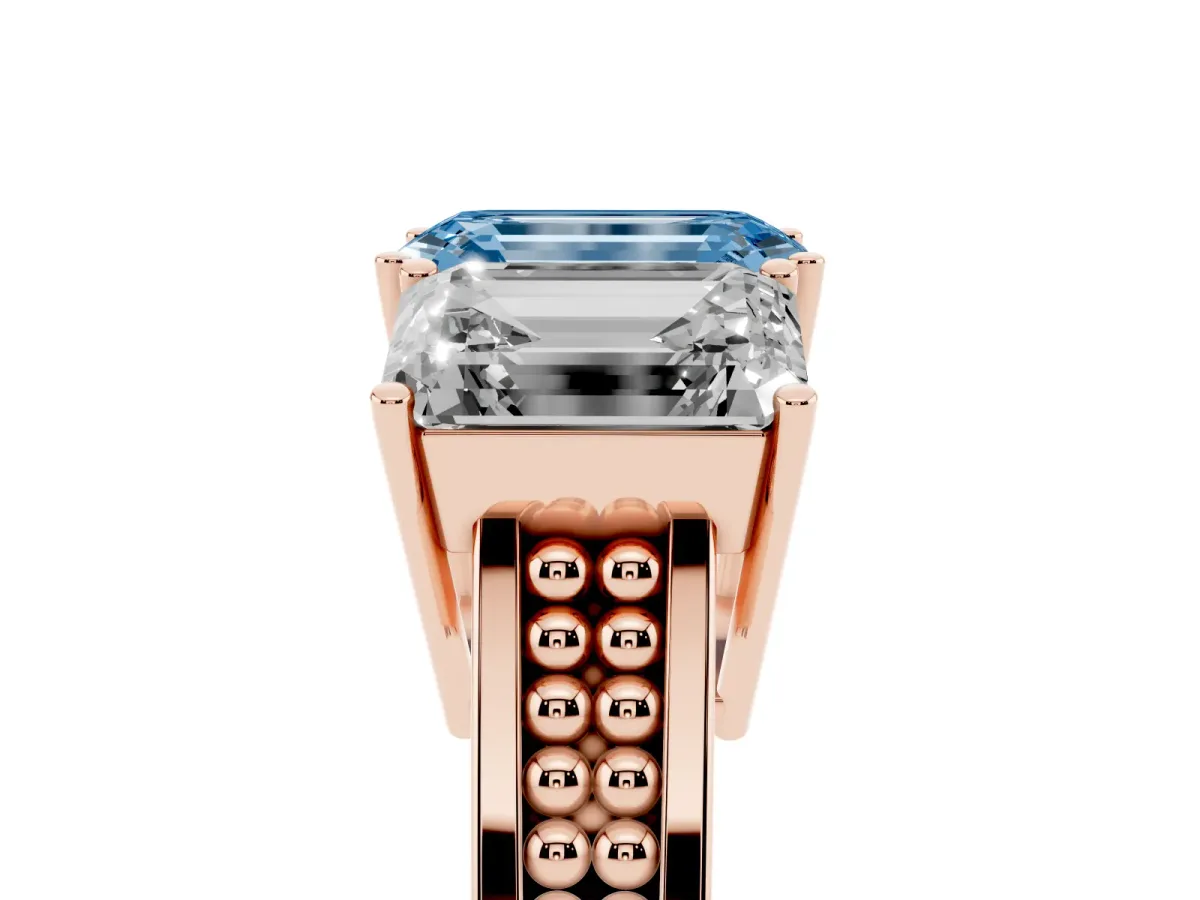 Fancy Blue Emerald Cut Diamond Three-Stone Ring with Prong Setting and Textured Band Rose gold