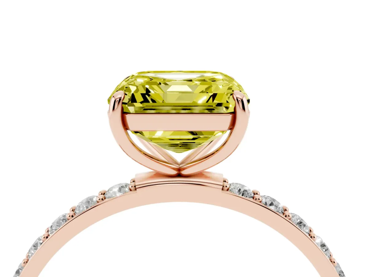 Fancy Yellow Asscher Cut Diamond Solitaire Ring with Round Pavé Shoulders and Prong Setting Rose gold