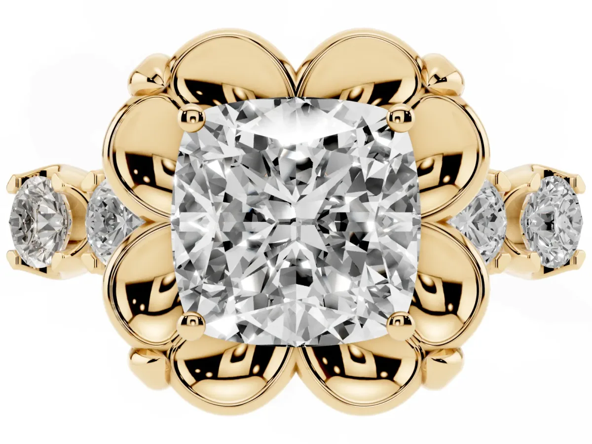 Cushion Cut Cut Diamond Floral Halo Engagement Ring with Shared Prong Setting Yellow gold
