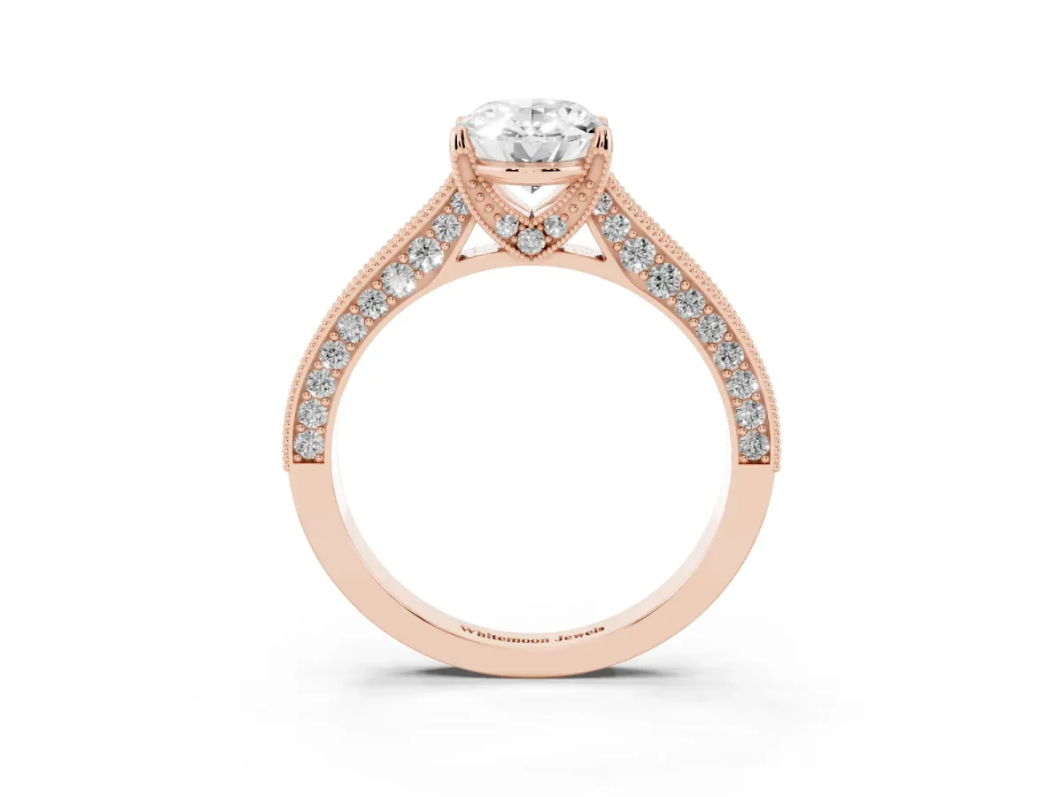 Oval Cut Cut Diamond Solitaire Ring with Milgrain Pave Band and Four Prong Setting Rose gold