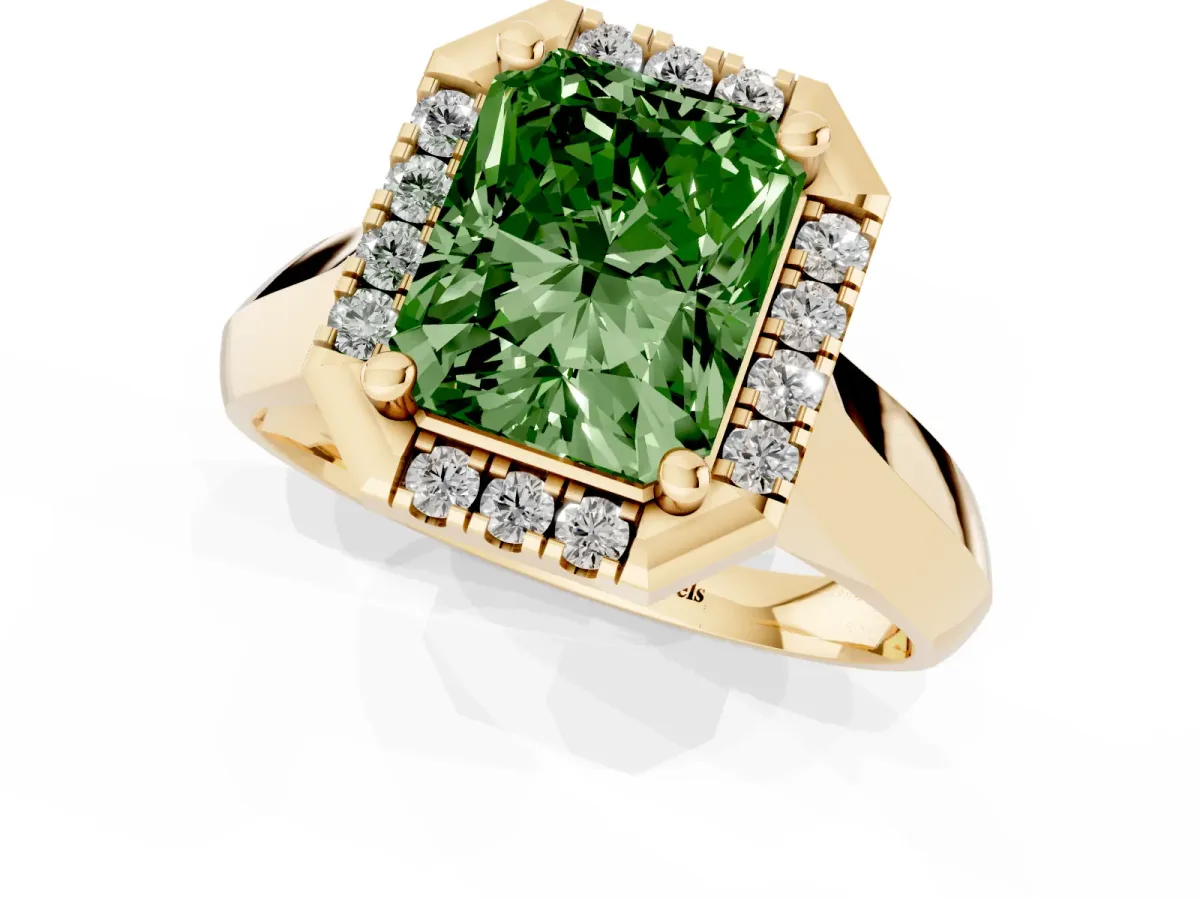 Fancy Green Radiant Cut Cut Halo Solitaire Engagement Ring with Square Band and Four-Prong Setting Yellow gold