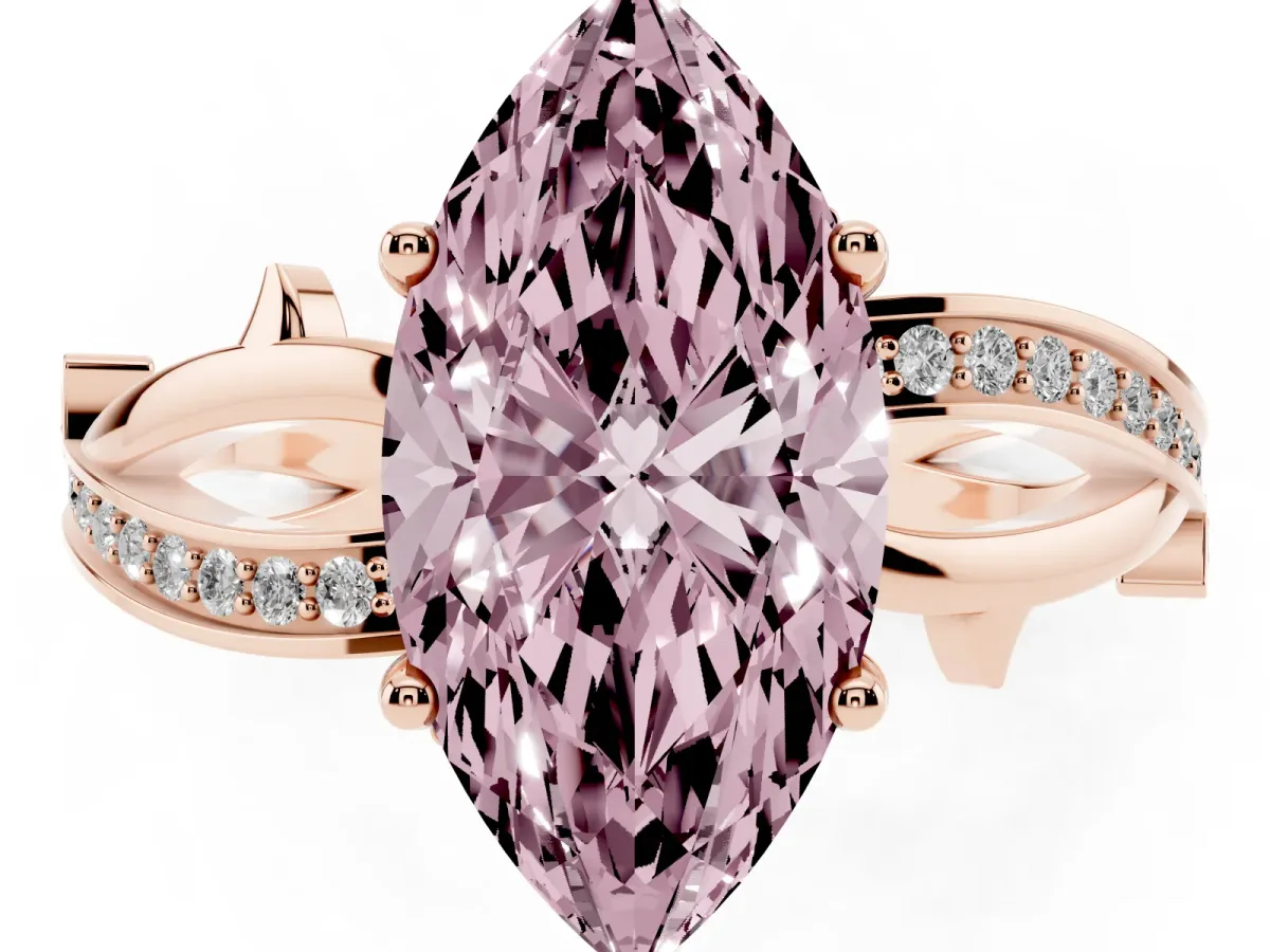 Fancy Pink Marquise Cut Solitaire Twist Band with Pavé Accents and Four-Prong Setting Rose gold