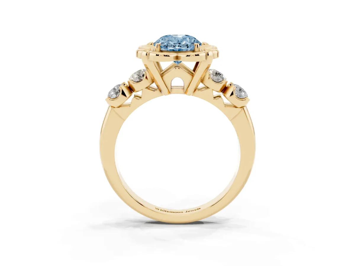 Fancy Blue Oval Cut Cut Diamond Floral Halo Engagement Ring with Shared Prong Setting Yellow gold
