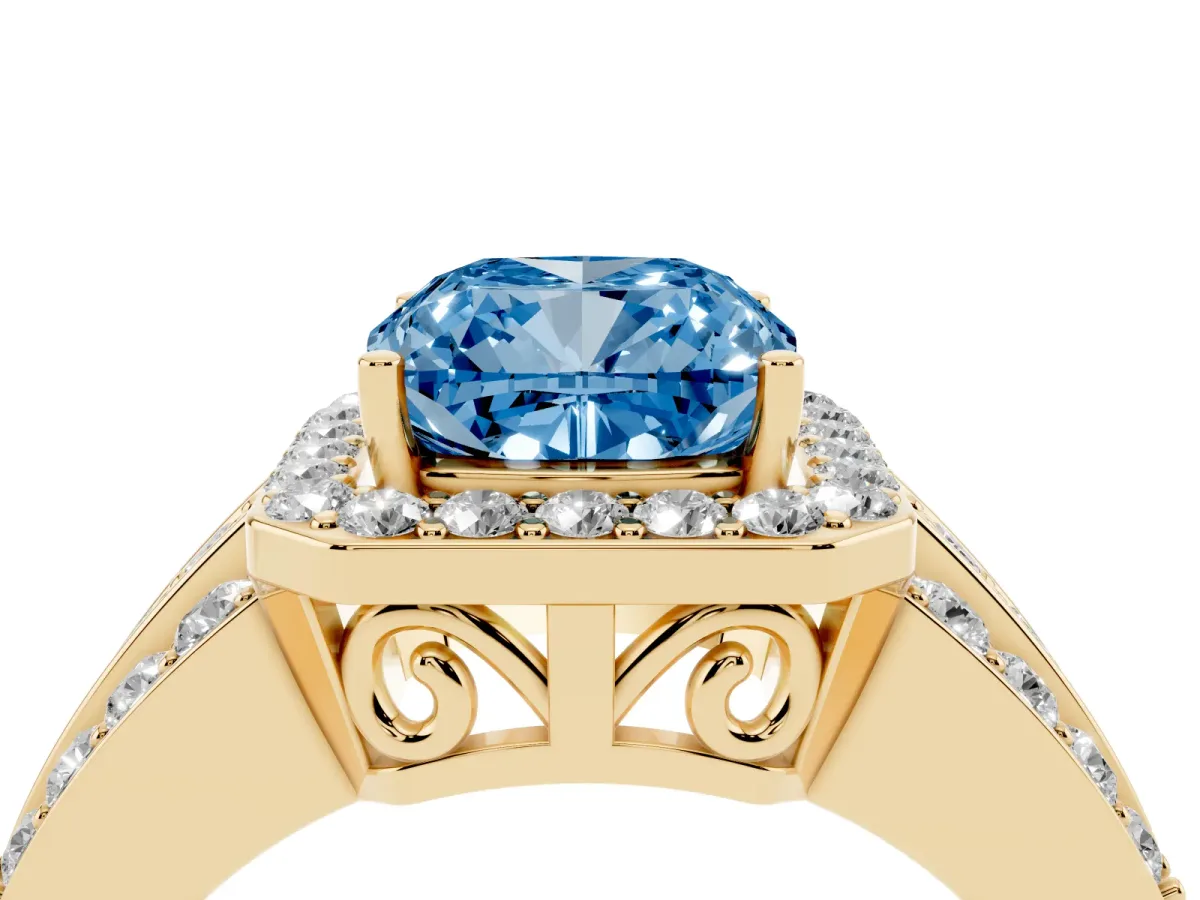 Fancy Blue Cushion Cut Halo Diamond Ring with Round Split Shank and Prong Setting Yellow gold