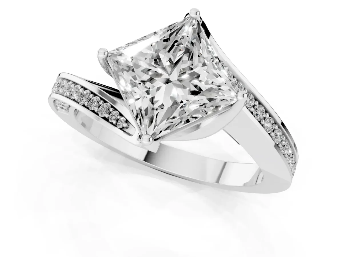 Princess Cut Solitaire Diamond Twist Band with Pavé Setting and Four-Prong Setting Silver