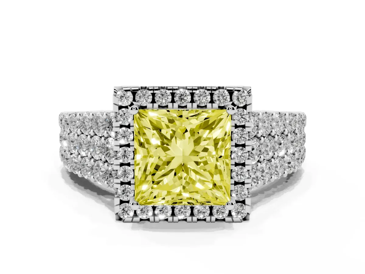 Fancy Yellow Princess Cut Diamond Halo Engagement Ring with Triple Row Round Pavé Band and Prong Setting Platinum