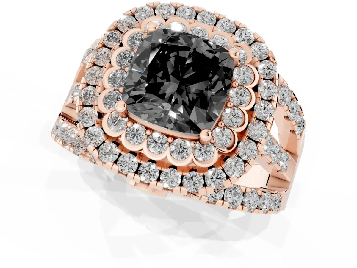 Fancy Black Cushion Cut Diamond Double Halo Ring with Round Pavé Split Shank and Prong Setting Rose gold