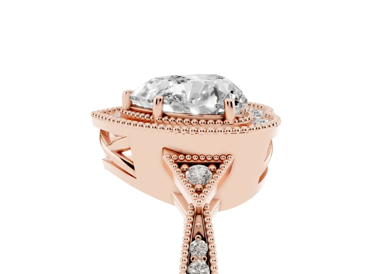 Heart Cut Halo Round Diamond Milgrain Pave Engagement Ring Rose gold